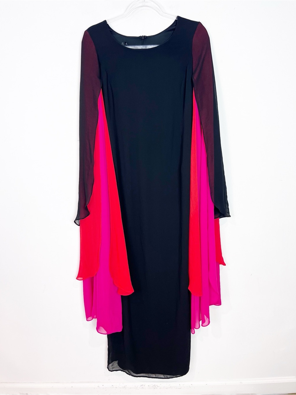 RAQUEL OROZCO BLACK COLUMN DRESS PINK ORANGE SHEER FLOWY X-LONG SLEEVES MEDIUM